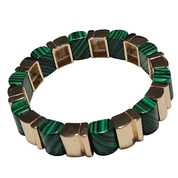 Boho Chic Gold Green Malachite Stretch Bracelet Geometric Design Fashion Jewelry - Picture 1 of 4